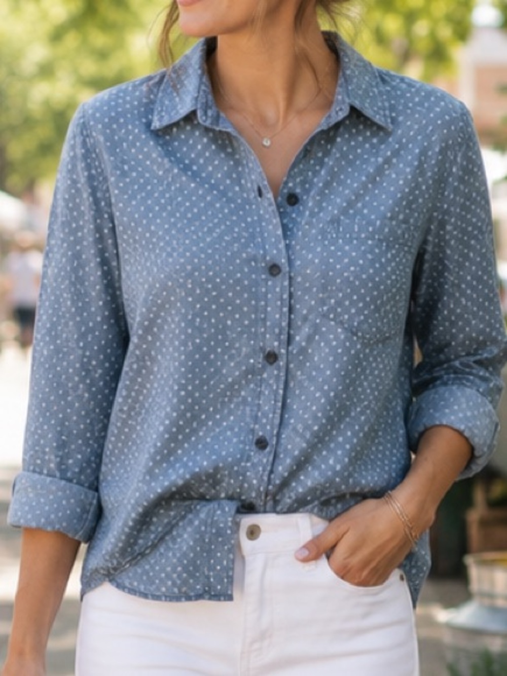 Gap Boyfriend Fit Chambray Print Button-Up Shirt Medium NWOT